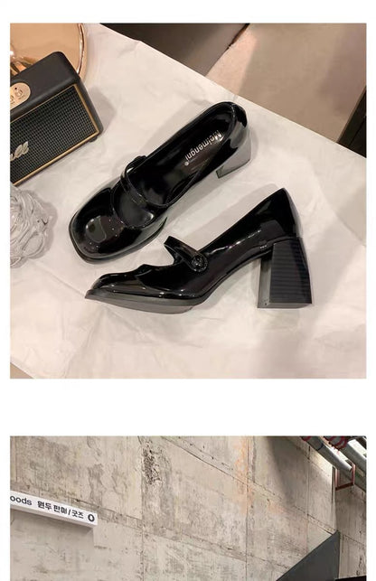 Mary Jane High Heels2023New Year's New Small Thick Heel French Style One-Strap Retro Single Shoes