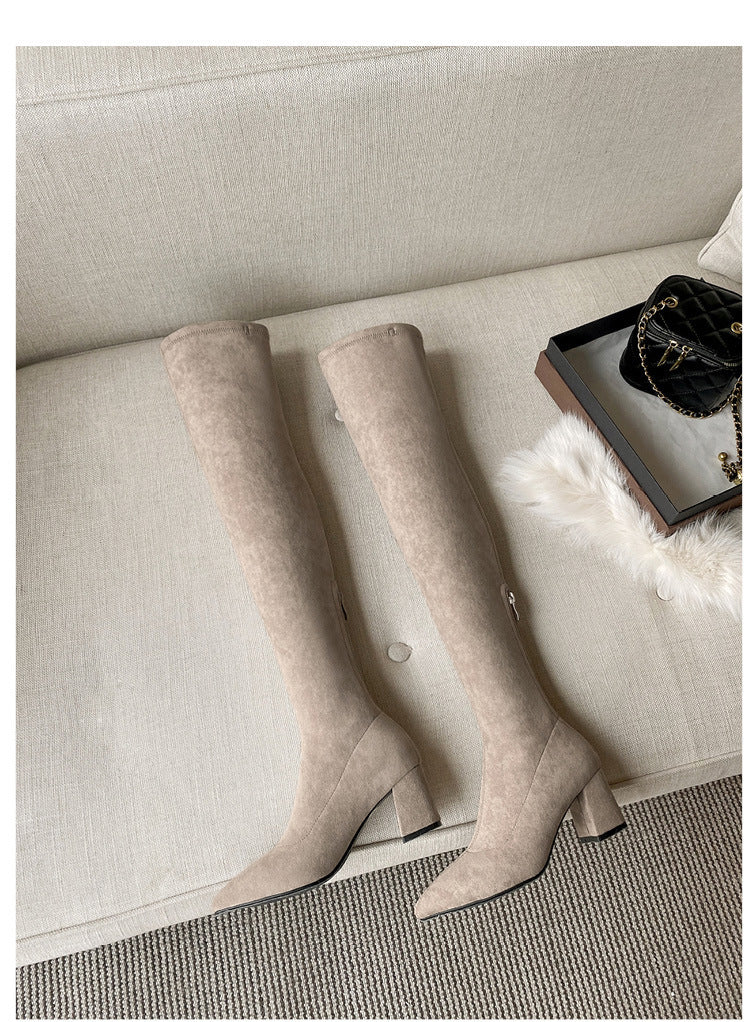 Long Boots for Women, Stretch Long Boots, Pointed Toe High Heel Boots, Over-the-Knee Boots, Suede High Boots, Khaki Color