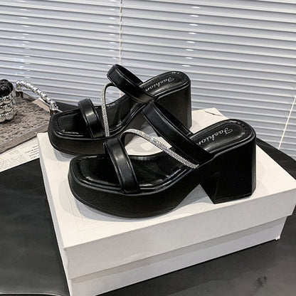 Solid Color Rubber Chunky Heel PU High Heel Slippers