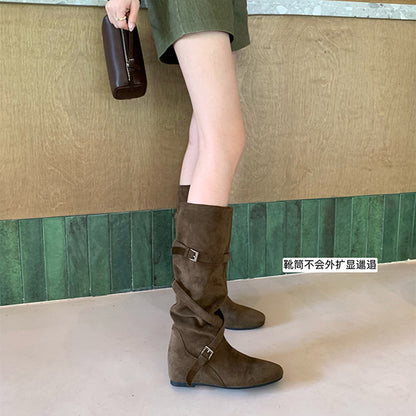 2025New Retro Matte Height-Increasing6cm~Korean Style Round Toe Buckle Strap Soft Wrinkled Slimming High Boots for Women Autumn