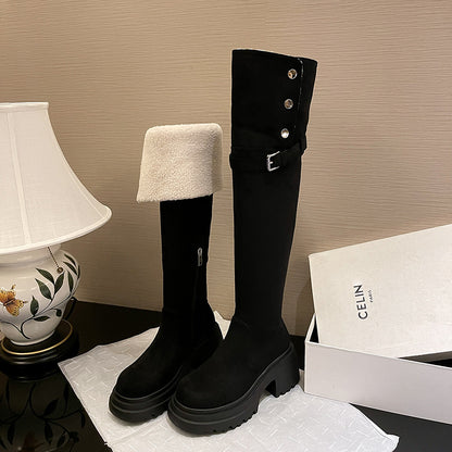 2025New Retro Small Western Boots for Women, Autumn and Winter Fleece-Lined Over-the-Knee Long Boots, Brown Long Boots, Riding Boots