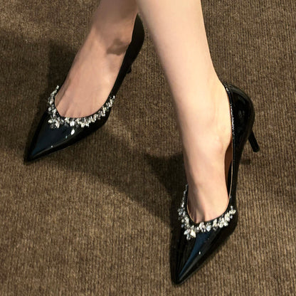 New Nude Rhinestone High Heels for Women, Thin Heel Pointed Toe Elegant Shallow Mouth Comfortable Single Shoes Wedding Shoes