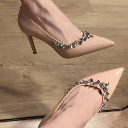 New Nude Rhinestone High Heels for Women, Thin Heel Pointed Toe Elegant Shallow Mouth Comfortable Single Shoes Wedding Shoes