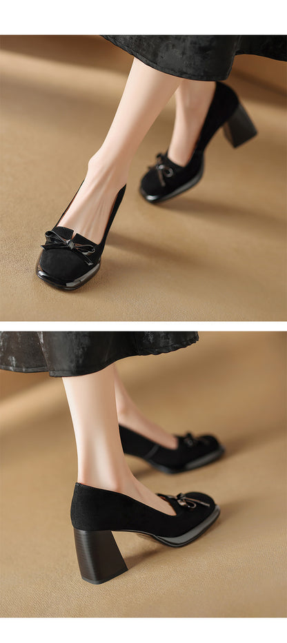 2024Spring New Style Bowknot Matte Chunky Heel Pumps for Women Shallow Mouth Waterproof Platform Chunky Heel Pumps