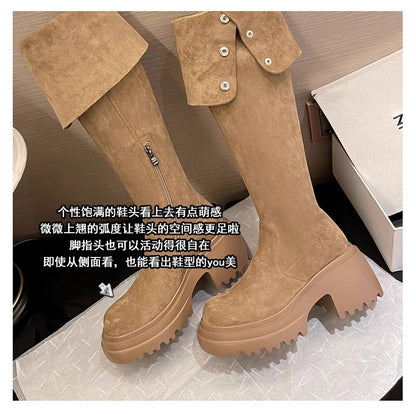 2025New Retro Small Western Boots for Women, Autumn and Winter Fleece-Lined Over-the-Knee Long Boots, Brown Long Boots, Riding Boots