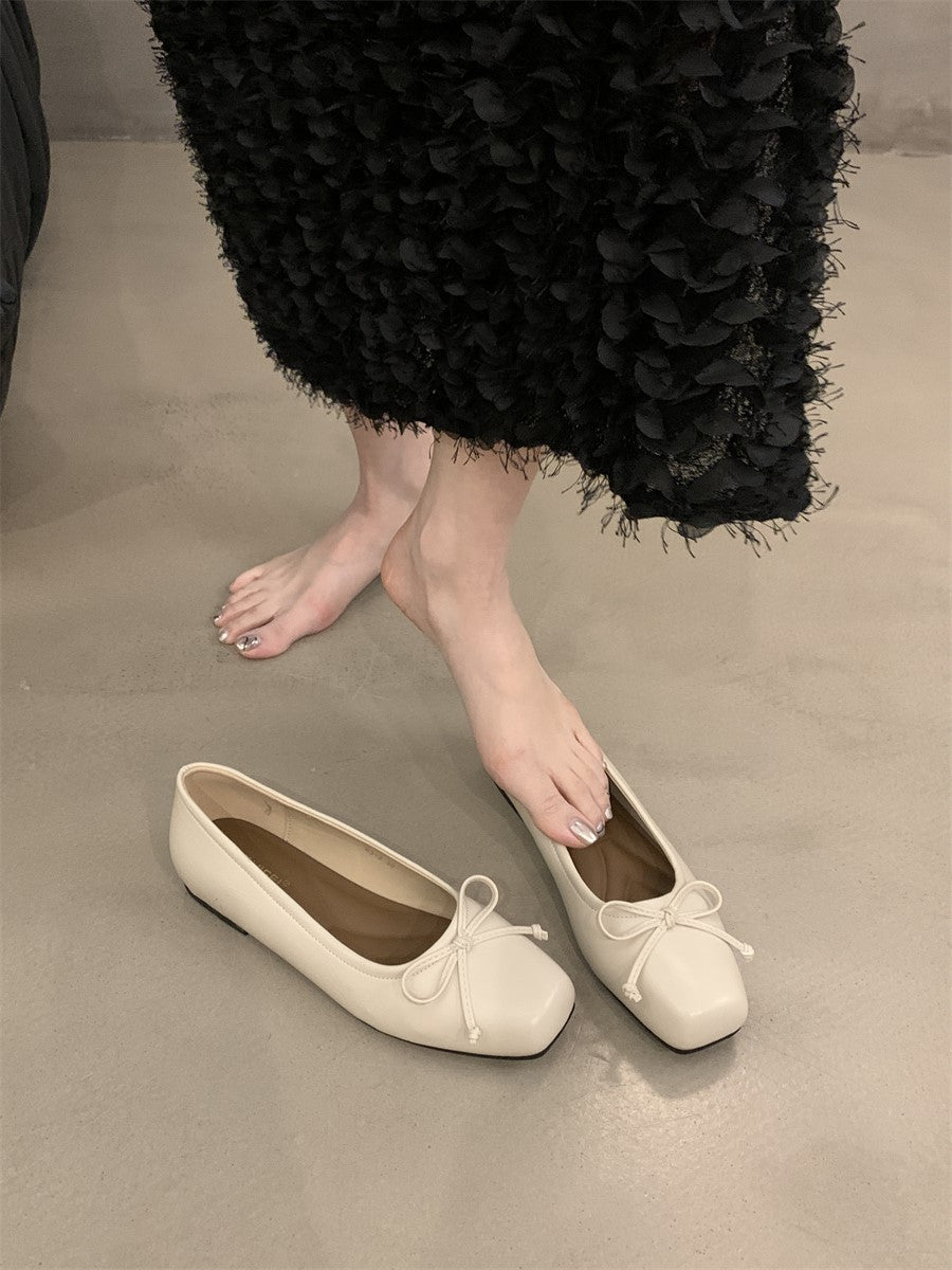 silver Flats Shallow Mouth Bowknot2024Spring New French Style Gentle Evening Breeze Flat Shoes for Women