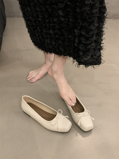 silver Flats Shallow Mouth Bowknot2024Spring New French Style Gentle Evening Breeze Flat Shoes for Women