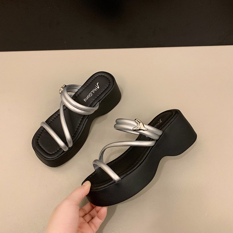 Solid Color Platform Sole Slippers PU Rubber mid-heel(3-5cm)
