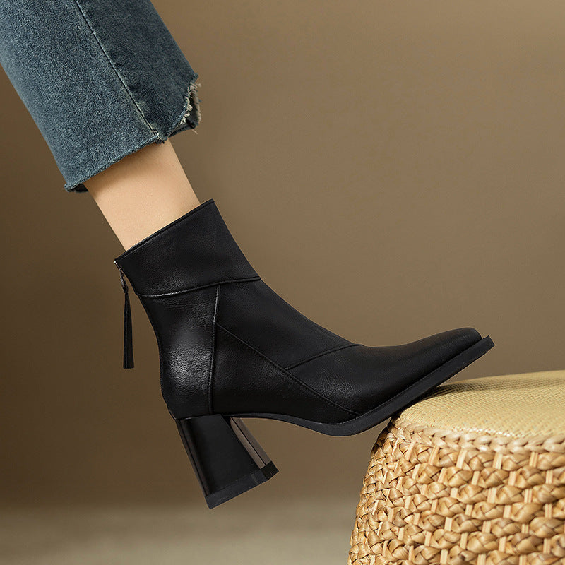 Women's Chunky Heel Ankle Boots2024New High Heel Winter Brown Slim Boots British Style Retro Martin Boots