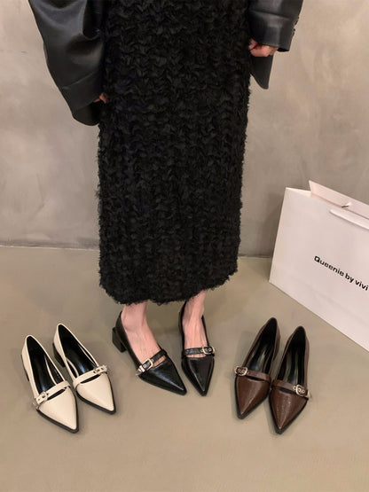 French Style Mary Jane Leather Shoes for Women2024New Spring Autumn Winter Black Pointed High Heels Single Shoes
