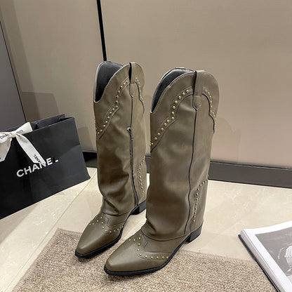 2025New Autumn Retro Pointed Toe Bootcut Boots Mid-Calf Boots for Women Hot Girl Boots Bootcut Boots Spring Autumn Winter Martin Boots