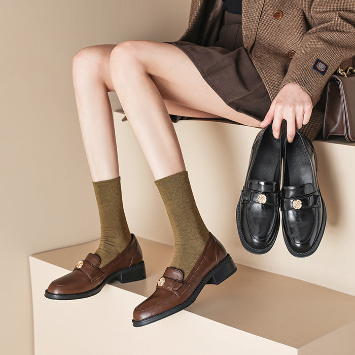 Left Bank Paris～！Chunky Heel British Style Gold Buckle Loafers for Women, Patent Leather Black Single Shoes
