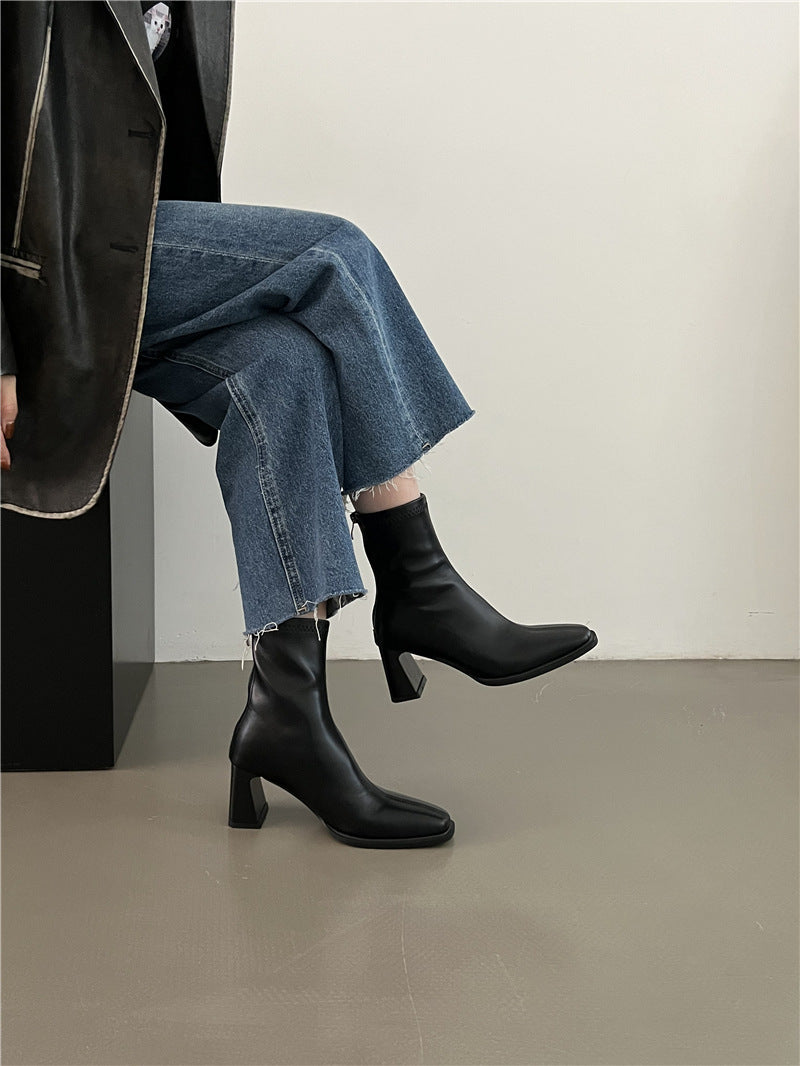 High Heel Slim Boots for Women Little Fairy2024New Year's Thick Heel Chimney Boots Internet Celebrity Fashion Chelsea Short Boots