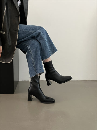 High Heel Slim Boots for Women Little Fairy2024New Year's Thick Heel Chimney Boots Internet Celebrity Fashion Chelsea Short Boots