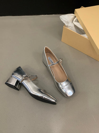 Women's Red Chunky Heel Shoes2023 New Summer Mid-High Heels silver Mary Jane Shoes for Dresses Evening Shoes