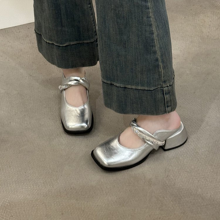 Middle Heel(3-5cm)Slippers PU Closed Toe Chunky Heel Rubber