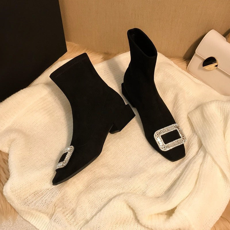 Square Buckle Rhinestone Elastic Sock Boots for Women, Low Heel, Chunky Heel, Black Square Toe Short Boots, Suede Slim Boots for Women