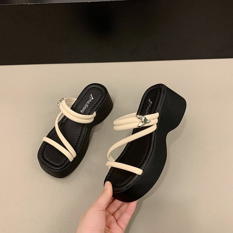 Solid Color Platform Sole Slippers PU Rubber mid-heel(3-5cm)