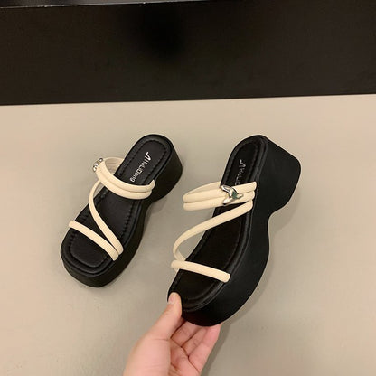 Solid Color Platform Sole Slippers PU Rubber mid-heel(3-5cm)