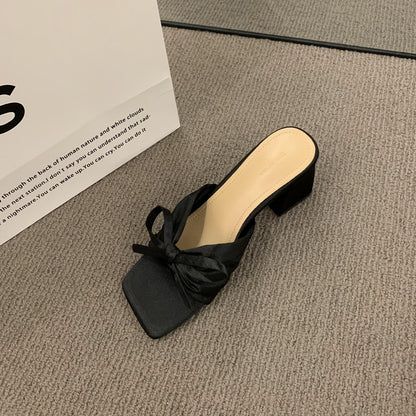 French-style High-end Satin Bow Thick Heel Sandals for Women2023New summer open-toe high heels