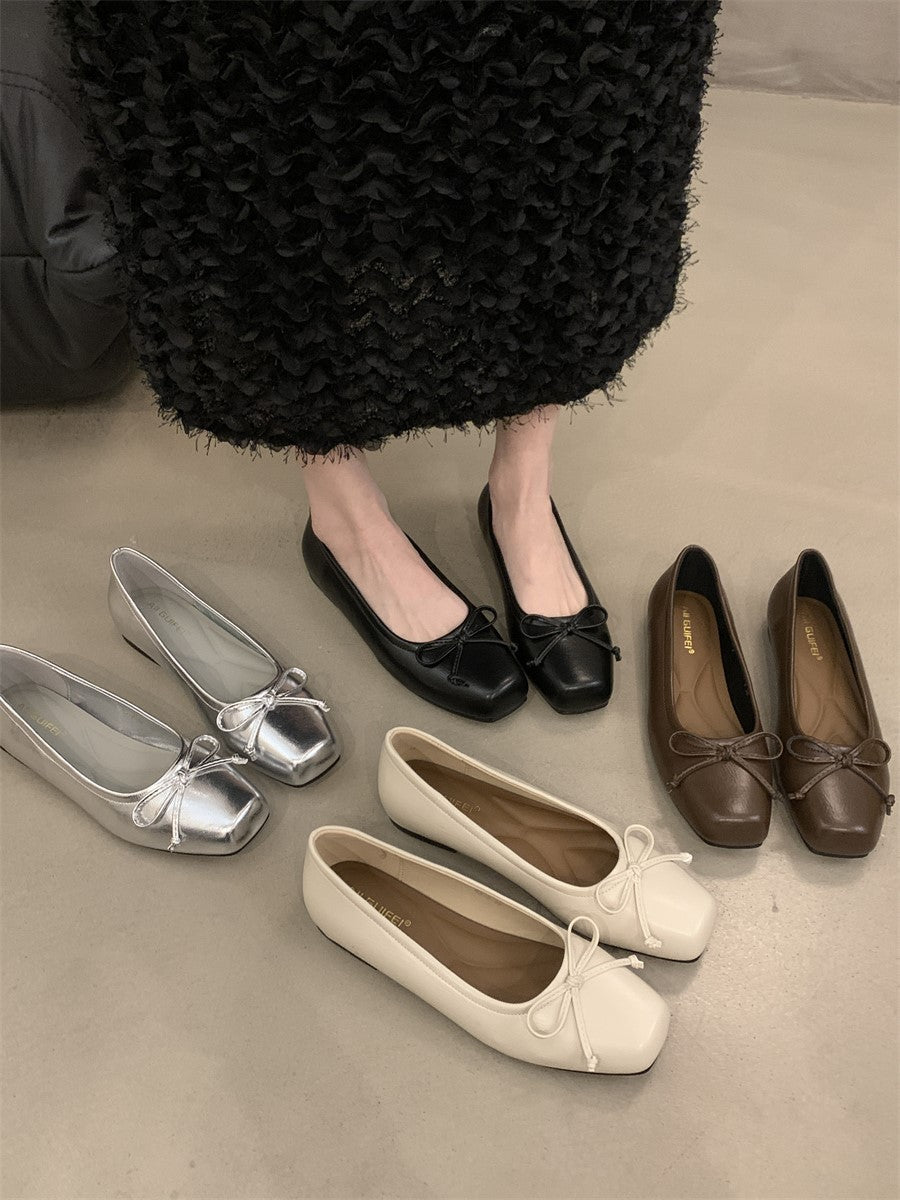 silver Flats Shallow Mouth Bowknot2024Spring New French Style Gentle Evening Breeze Flat Shoes for Women