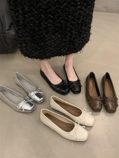 silver Flats Shallow Mouth Bowknot2024Spring New French Style Gentle Evening Breeze Flat Shoes for Women