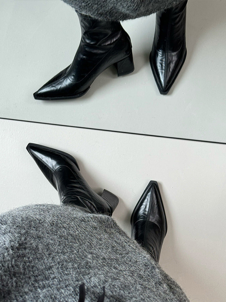 Pointed Toe Short Boots for Women2024New Autumn Winter Women's Boots Niche Slim Boots Design Sense Chunky Heel High Heel Short Boots
