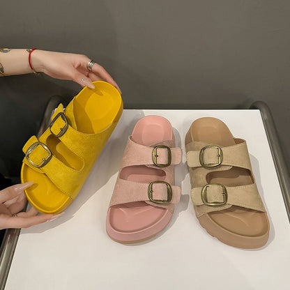 Solid Color Rubber Mid Heel(3-5cm)Platform Sole Suede Slippers