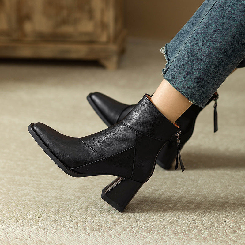 Women's Chunky Heel Ankle Boots2024New High Heel Winter Brown Slim Boots British Style Retro Martin Boots