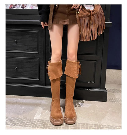 2025New Retro Small Western Boots for Women, Autumn and Winter Fleece-Lined Over-the-Knee Long Boots, Brown Long Boots, Riding Boots