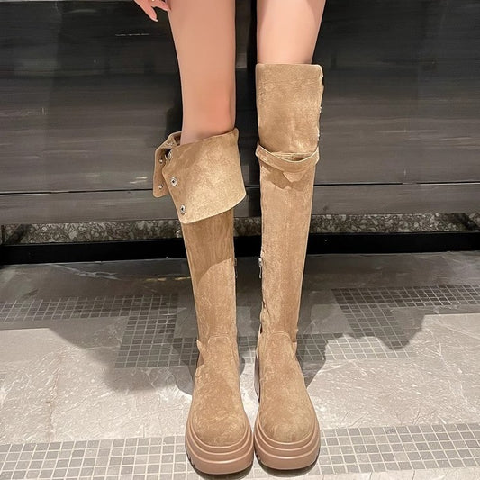 2025New Retro Small Western Boots for Women, Autumn and Winter Fleece-Lined Over-the-Knee Long Boots, Brown Long Boots, Riding Boots