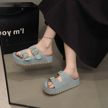 Solid Color Rubber Mid Heel(3-5cm)Platform Sole Suede Slippers