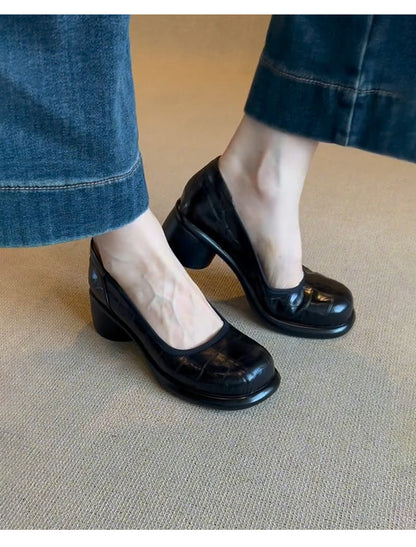 Vintage Shallow Mouth Single Shoes for Women, Round Toe, Chunky Heel, Slip-On Mary Jane Shoes, British Style Small Leather Shoes