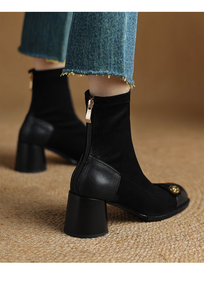 Patchwork Suede Camellia High Heel Chunky Heel Short Boots for Women Stretch Slim Boots Plus Size