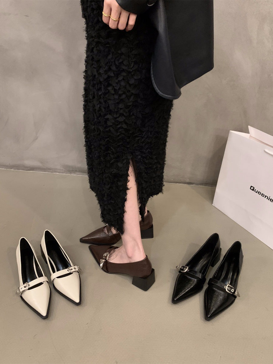 French Style Mary Jane Leather Shoes for Women2024New Spring Autumn Winter Black Pointed High Heels Single Shoes