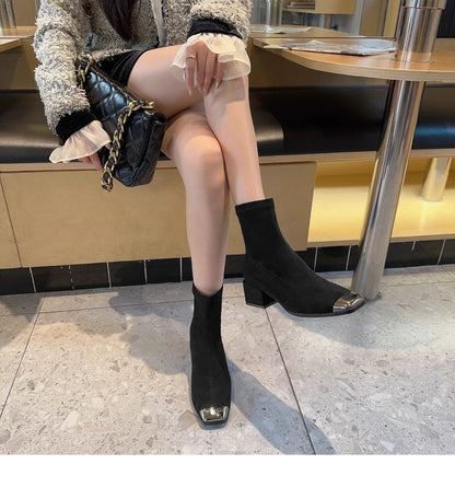 Women's Suede Ankle Boots2024Autumn New Fashionable Chunky Heel Metal Square Toe Mid-Heel Stretch Slim Sock Boots