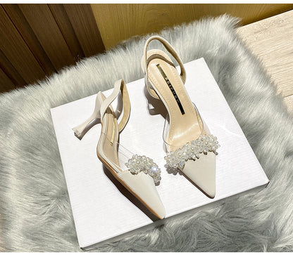 Women's Closed-Toe Sandals for Spring and Summer2023New Year's New French Transparent Pointed Toe Small Heel White High Heels Stiletto Single Shoes