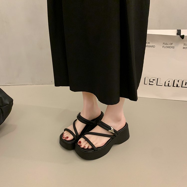 Solid Color Platform Sole Slippers PU Rubber mid-heel(3-5cm)