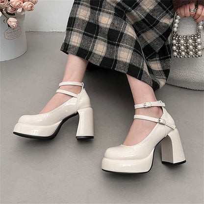 French style red high heels for women2024New Year's New Matching Skirt Temperament Thick Heel Mary Jane Shoes