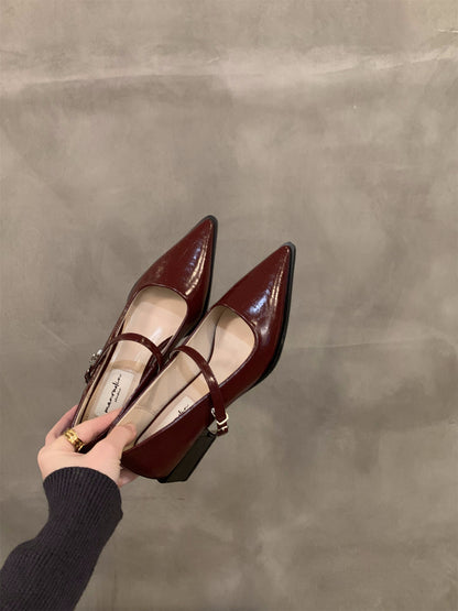 French style mid-high heel black pointed toe women's shoes2024New Spring Autumn Winter Mary Jane Evening Shoes