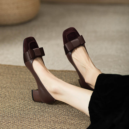 French style color-blocking high heels for women2024Spring and Autumn New Style Chunky Heel Bow Retro Mid-Heel Single Shoes