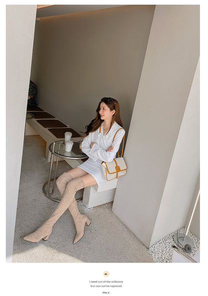 Long Boots for Women, Stretch Long Boots, Pointed Toe High Heel Boots, Over-the-Knee Boots, Suede High Boots, Khaki Color