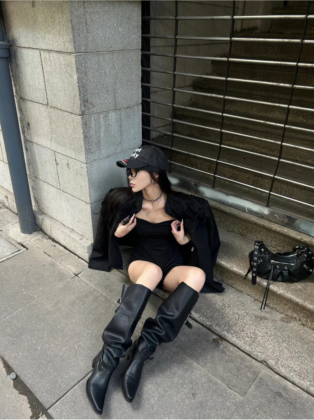 Korean Style Large Tube Pile Boots for Women with Chunky Heels, Over-the-Knee Boots2024Autumn Belt Buckle Western Boots Fashion Long Boots
