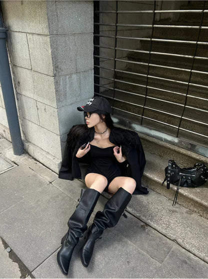 Korean Style Large Tube Pile Boots for Women with Chunky Heels, Over-the-Knee Boots2024Autumn Belt Buckle Western Boots Fashion Long Boots