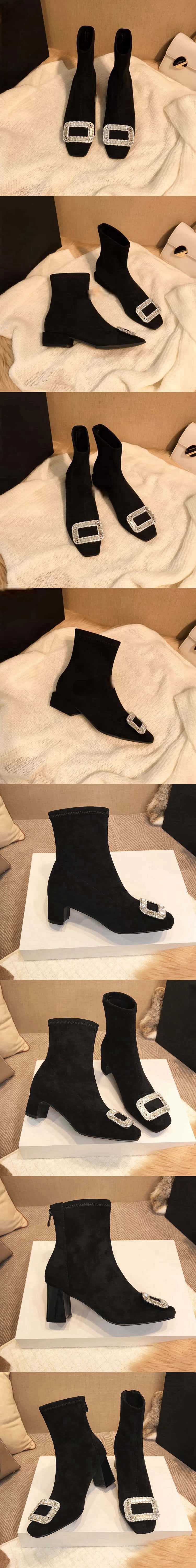 Shining Artifact！Square Toe Slimming Stretch Boots Short Mid Heel Rhinestone Black Slim Boots