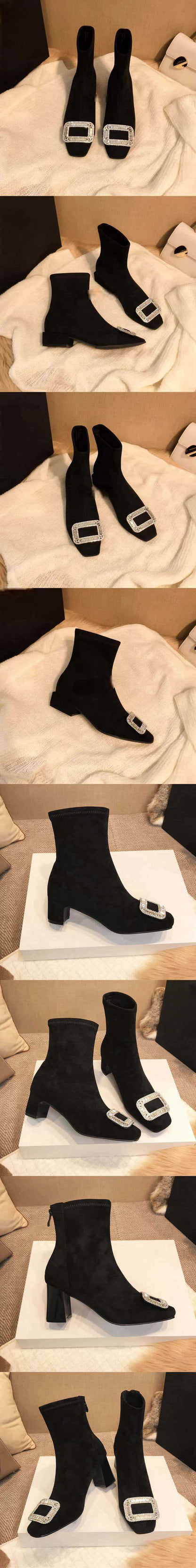 Shining Artifact！Square Toe Slimming Stretch Boots Short Mid Heel Rhinestone Black Slim Boots