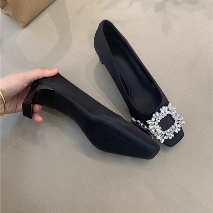 Elegant High Heels for Women2025New Year's New French Elegant Evening Style Rhinestone Square Toe Shallow Mouth Thick Heel Commuting Women's Shoes