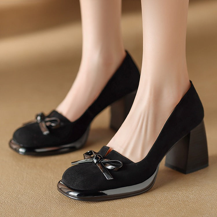 2024Spring New Style Bowknot Matte Chunky Heel Pumps for Women Shallow Mouth Waterproof Platform Chunky Heel Pumps