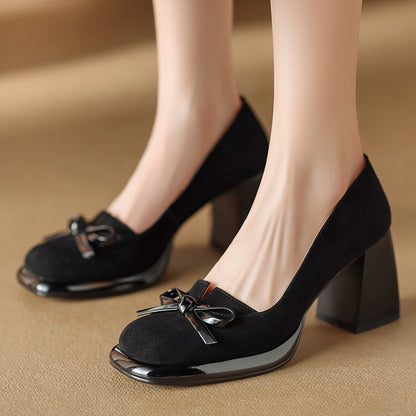 2024Spring New Style Bowknot Matte Chunky Heel Pumps for Women Shallow Mouth Waterproof Platform Chunky Heel Pumps