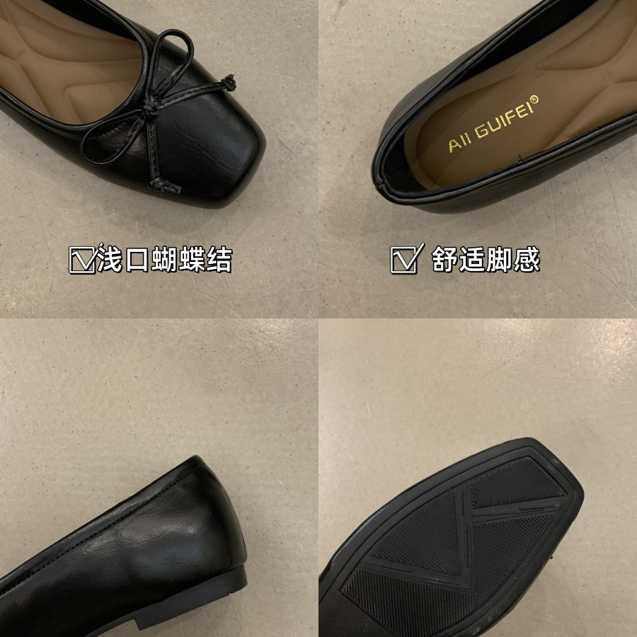 silver Flats Shallow Mouth Bowknot2024Spring New French Style Gentle Evening Breeze Flat Shoes for Women